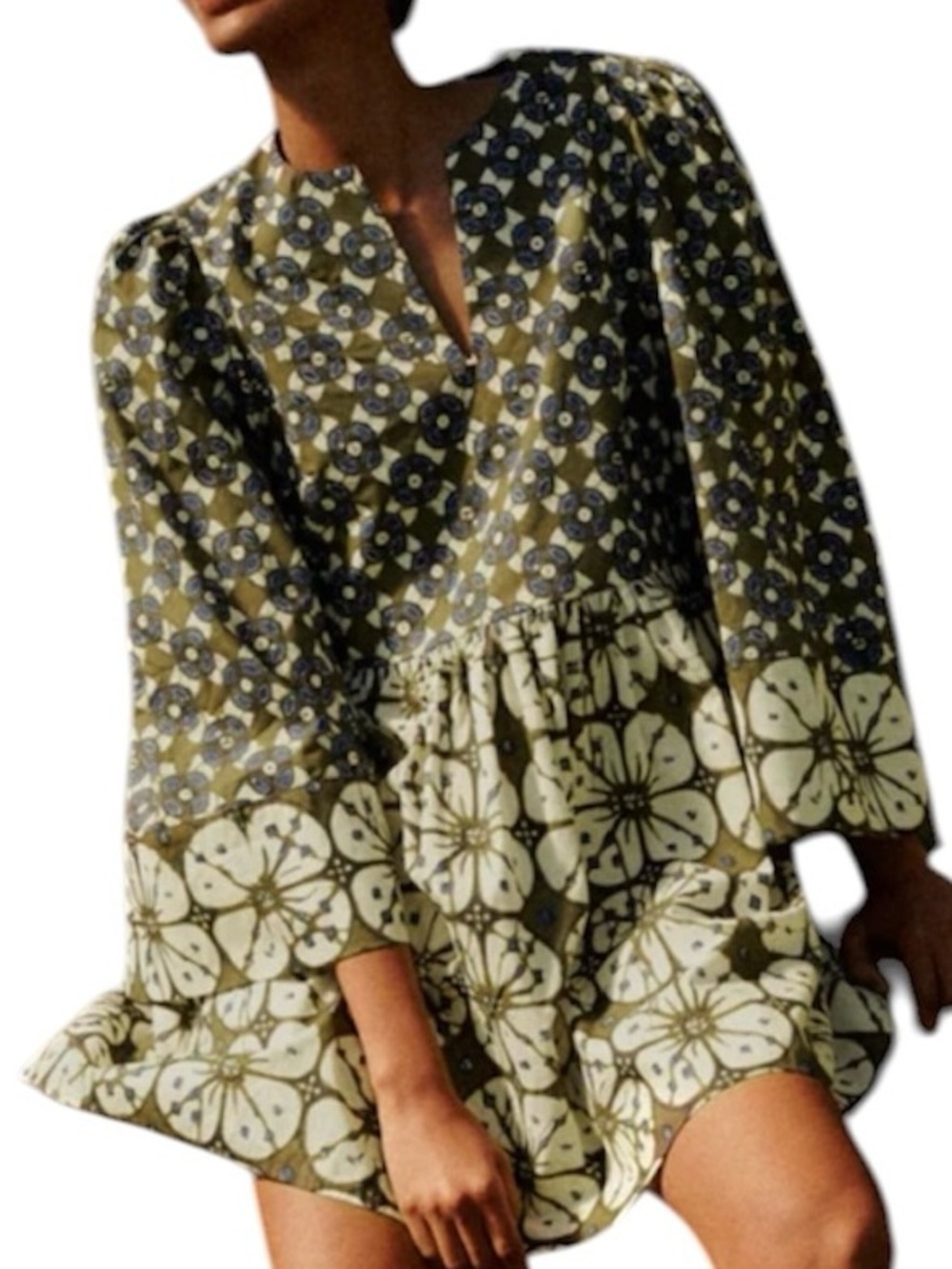 Tuckernuck 100%Cotton Boho Olive & Blue Floral Print Pleated Dress Size Large